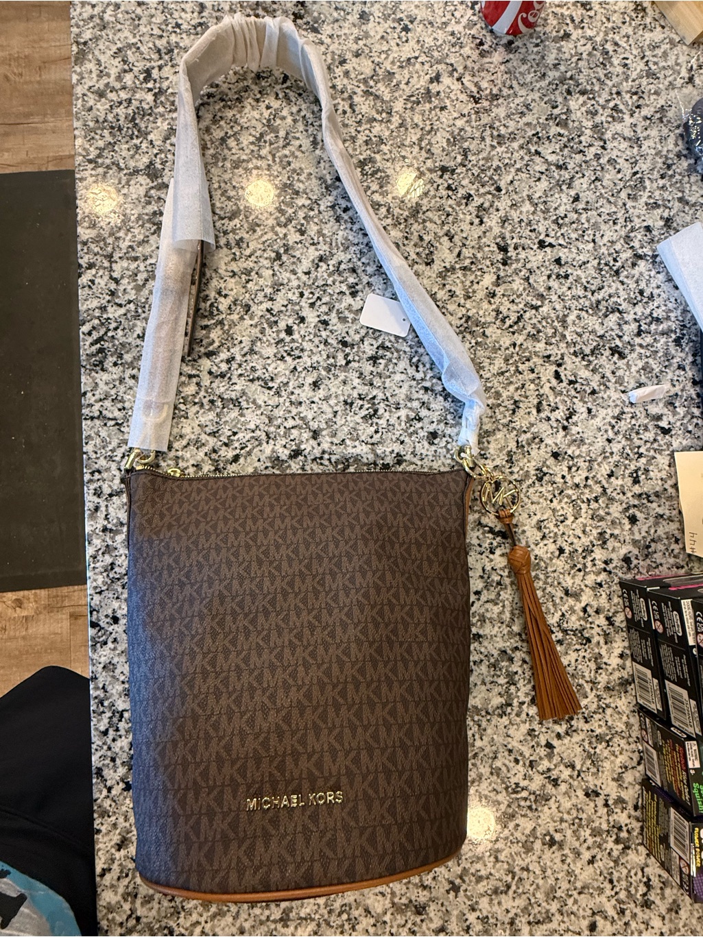 Michael Kors Large Brown Mk Monogram Crossbody With Leather Tassel
